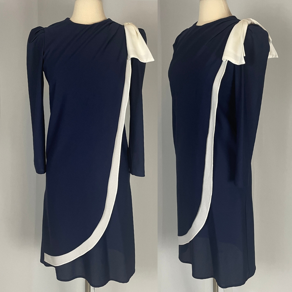 Vintage Dress Size 7 Navy Blue Bow Puff Sleeve Secretary Retro Preppy 70s 80s